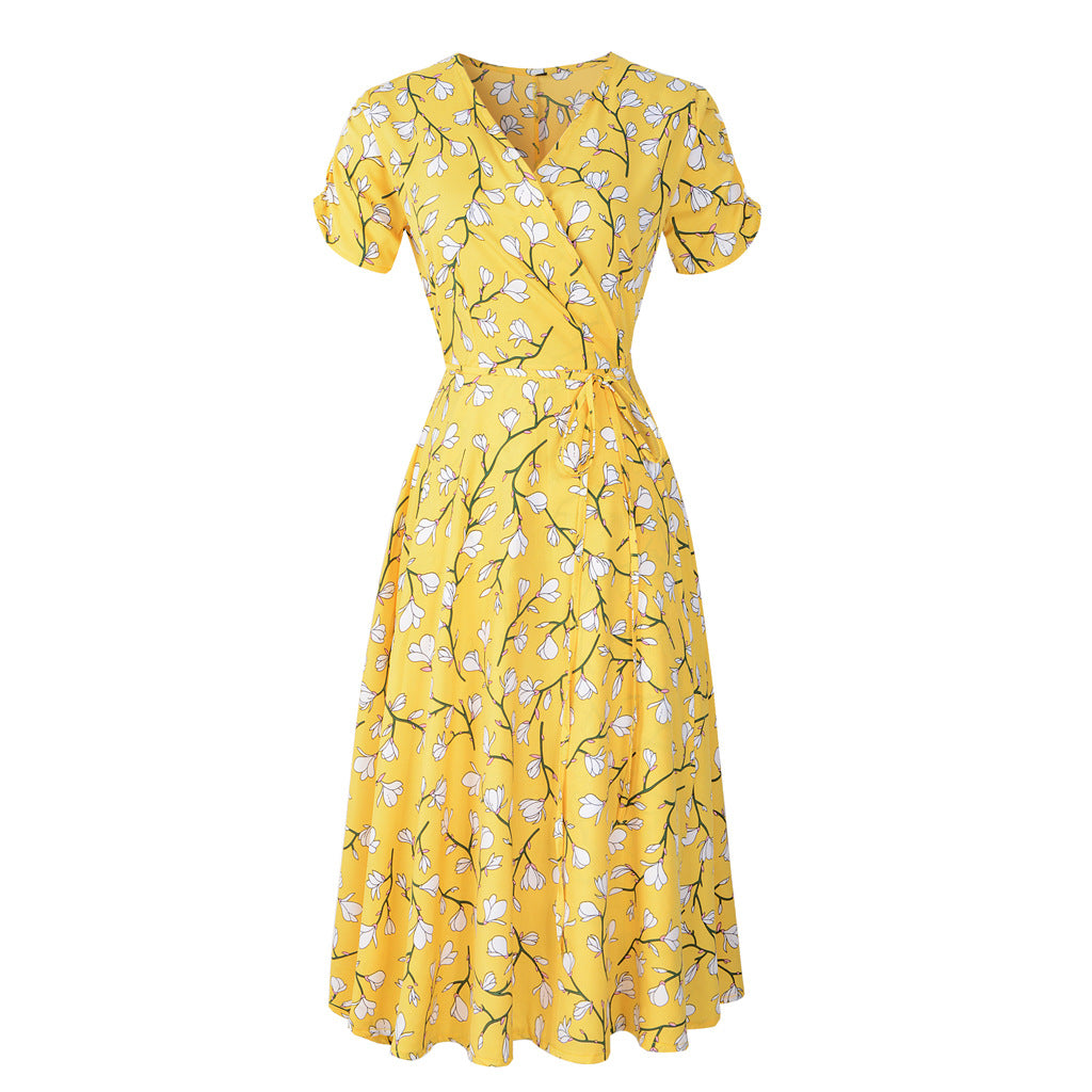 Swintager Cross-border Spring and Summer New Women's Bohemian Beach Dress Chiffon Printed dress Women