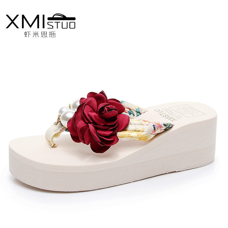 Cross-Border Beach Slippers for Women Summer Outer Wear Thick-Soled High-Heeled Sandals for Women Seaside Flower Wedge Flip-Flops Breathable