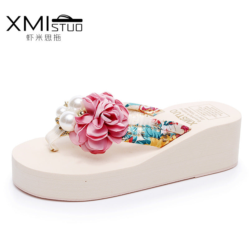 Cross-Border Beach Slippers for Women Summer Outer Wear Thick-Soled High-Heeled Sandals for Women Seaside Flower Wedge Flip-Flops Breathable