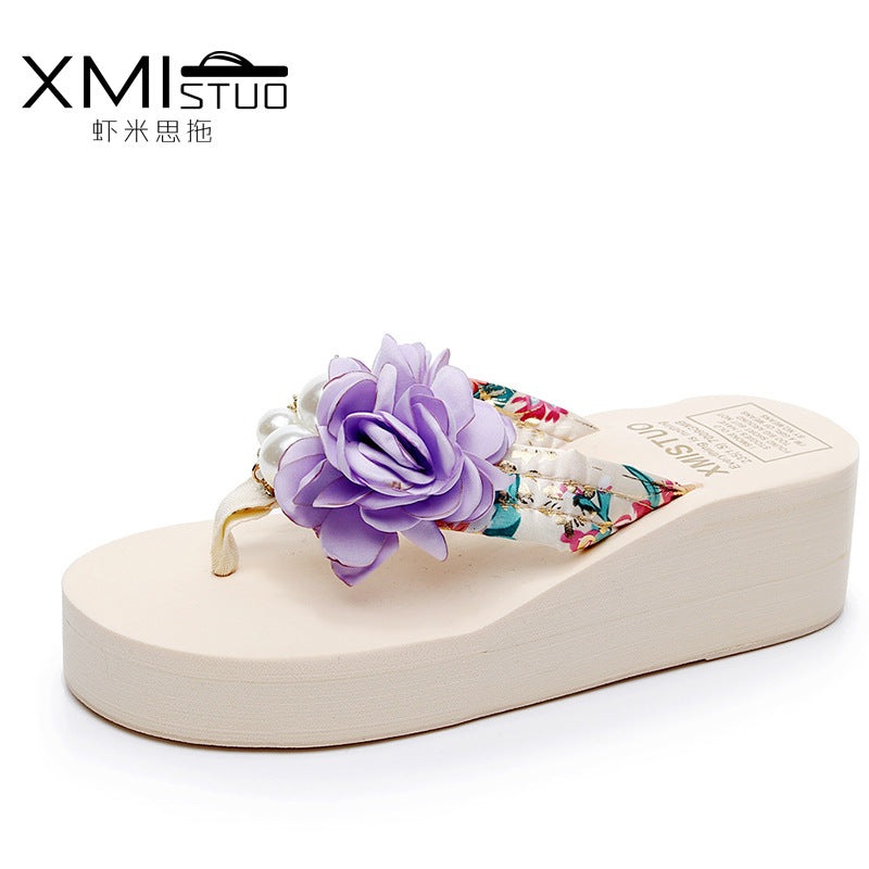Cross-Border Beach Slippers for Women Summer Outer Wear Thick-Soled High-Heeled Sandals for Women Seaside Flower Wedge Flip-Flops Breathable