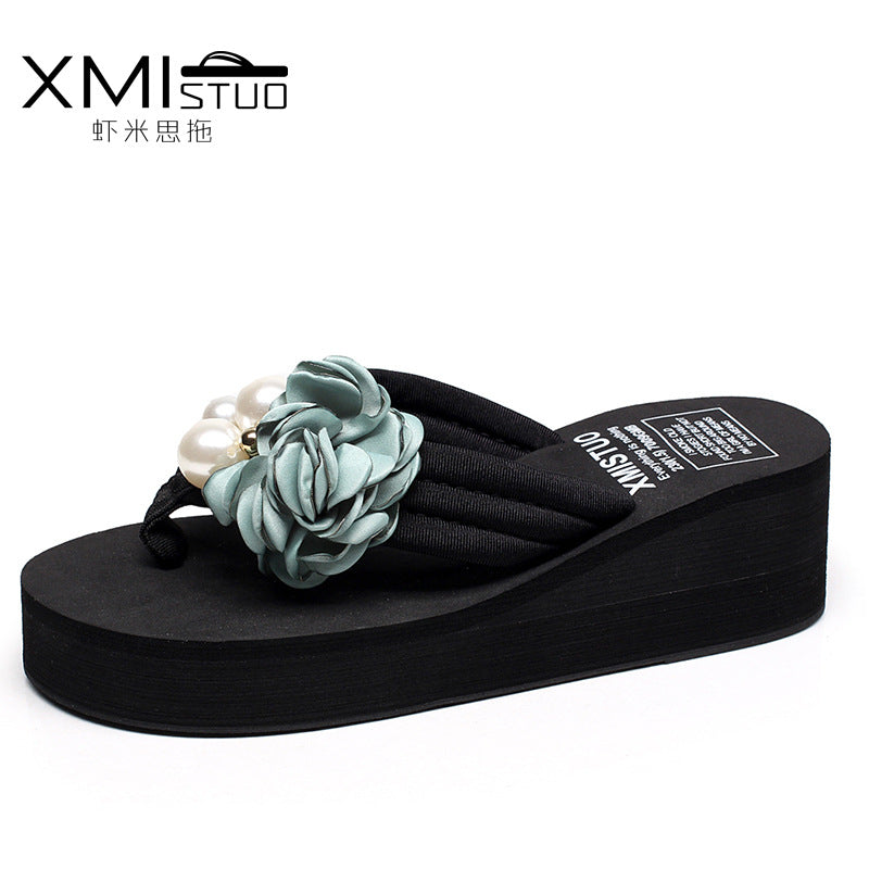 Cross-Border Beach Slippers for Women Summer Outer Wear Thick-Soled High-Heeled Sandals for Women Seaside Flower Wedge Flip-Flops Breathable