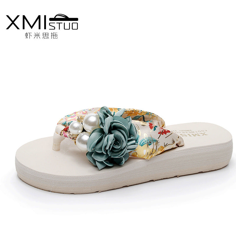 Cross-Border Beach Slippers for Women Summer Outer Wear Thick-Soled High-Heeled Sandals for Women Seaside Flower Wedge Flip-Flops Breathable