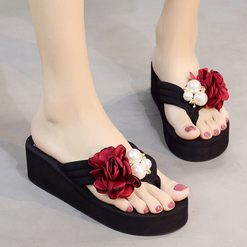 Cross-Border Beach Slippers for Women Summer Outer Wear Thick-Soled High-Heeled Sandals for Women Seaside Flower Wedge Flip-Flops Breathable