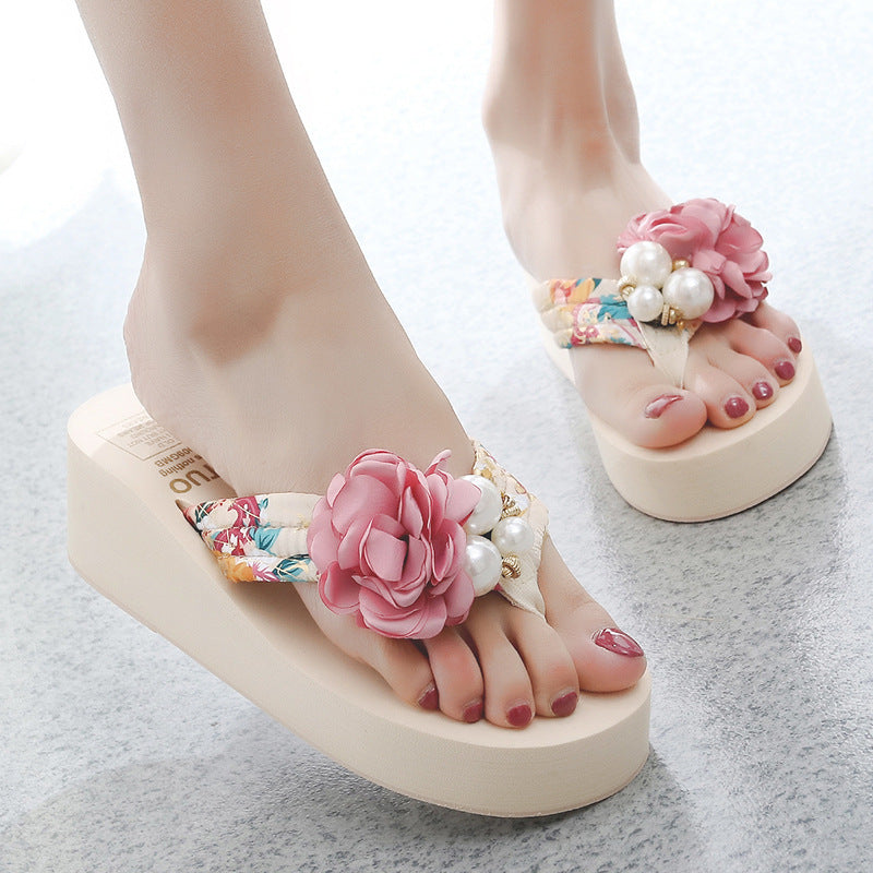 Cross-Border Beach Slippers for Women Summer Outer Wear Thick-Soled High-Heeled Sandals for Women Seaside Flower Wedge Flip-Flops Breathable