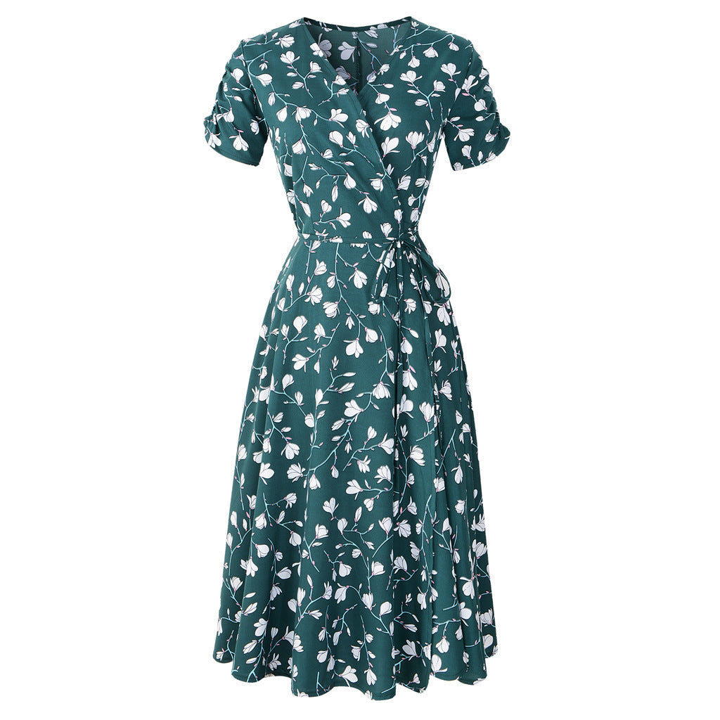 Swintager Cross-border Spring and Summer New Women's Bohemian Beach Dress Chiffon Printed dress Women