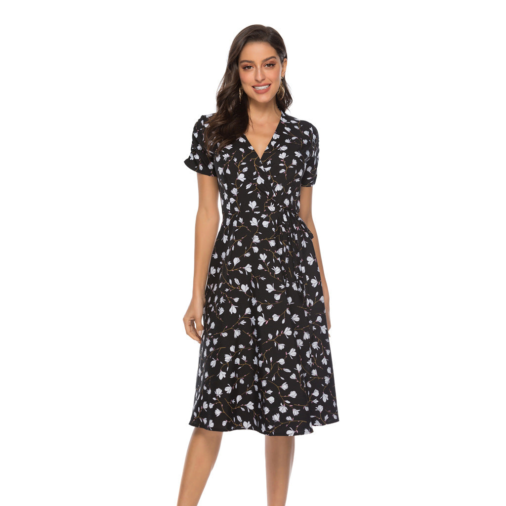 Swintager Cross-border Spring and Summer New Women's Bohemian Beach Dress Chiffon Printed dress Women