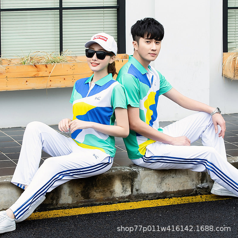 Jiamusi Sports Suit Summer Men's and Women's South Korean Silk Short-sleeved Half-sleeved Dream Team Aerobics Square Dance Group Costume