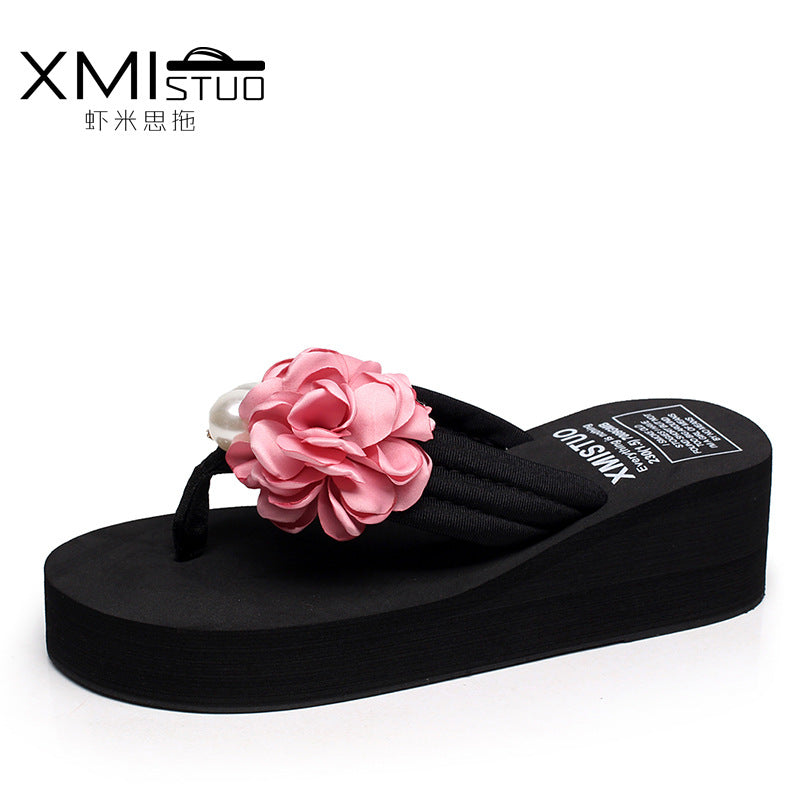 Cross-Border Beach Slippers for Women Summer Outer Wear Thick-Soled High-Heeled Sandals for Women Seaside Flower Wedge Flip-Flops Breathable