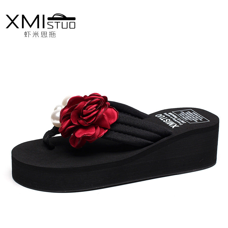 Cross-Border Beach Slippers for Women Summer Outer Wear Thick-Soled High-Heeled Sandals for Women Seaside Flower Wedge Flip-Flops Breathable