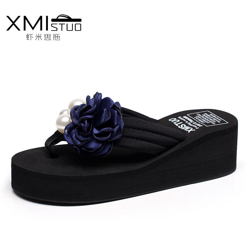 Cross-Border Beach Slippers for Women Summer Outer Wear Thick-Soled High-Heeled Sandals for Women Seaside Flower Wedge Flip-Flops Breathable