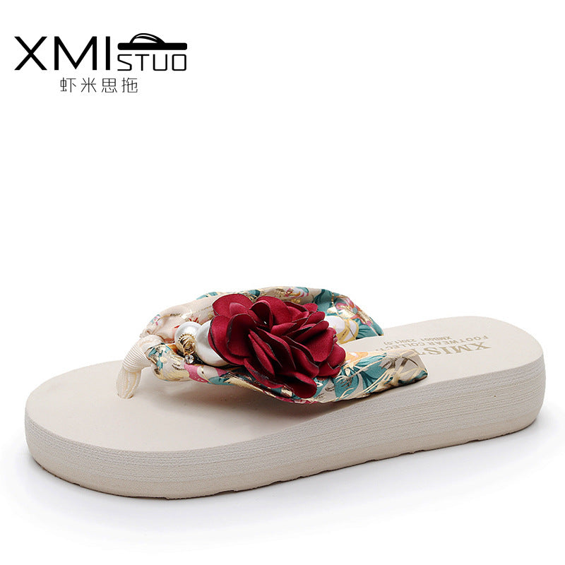 Cross-Border Beach Slippers for Women Summer Outer Wear Thick-Soled High-Heeled Sandals for Women Seaside Flower Wedge Flip-Flops Breathable