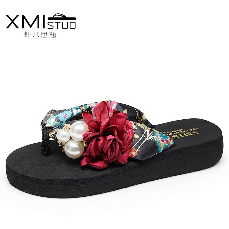 Cross-Border Beach Slippers for Women Summer Outer Wear Thick-Soled High-Heeled Sandals for Women Seaside Flower Wedge Flip-Flops Breathable