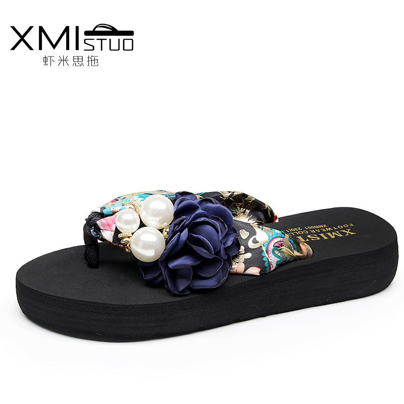 Cross-Border Beach Slippers for Women Summer Outer Wear Thick-Soled High-Heeled Sandals for Women Seaside Flower Wedge Flip-Flops Breathable