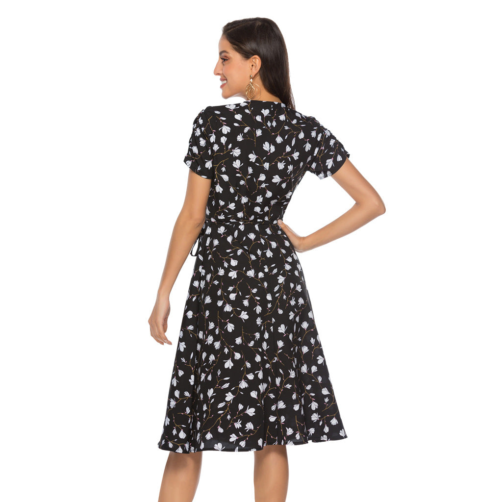 Swintager Cross-border Spring and Summer New Women's Bohemian Beach Dress Chiffon Printed dress Women