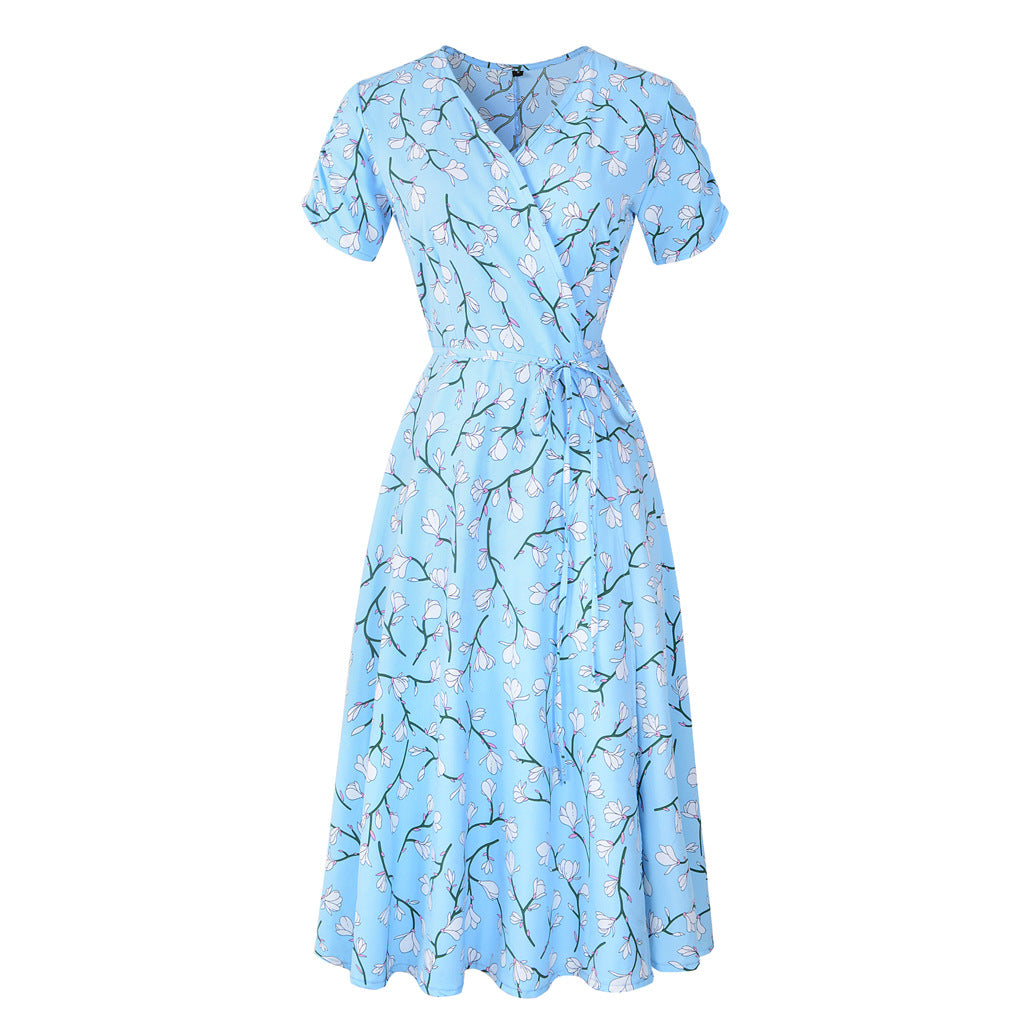 Swintager Cross-border Spring and Summer New Women's Bohemian Beach Dress Chiffon Printed dress Women