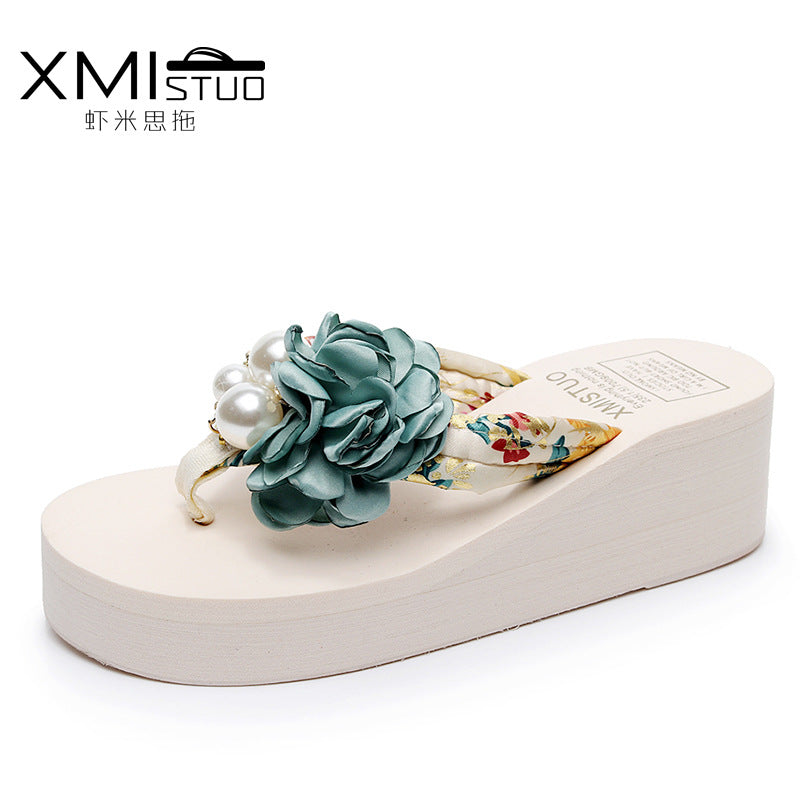 Cross-Border Beach Slippers for Women Summer Outer Wear Thick-Soled High-Heeled Sandals for Women Seaside Flower Wedge Flip-Flops Breathable
