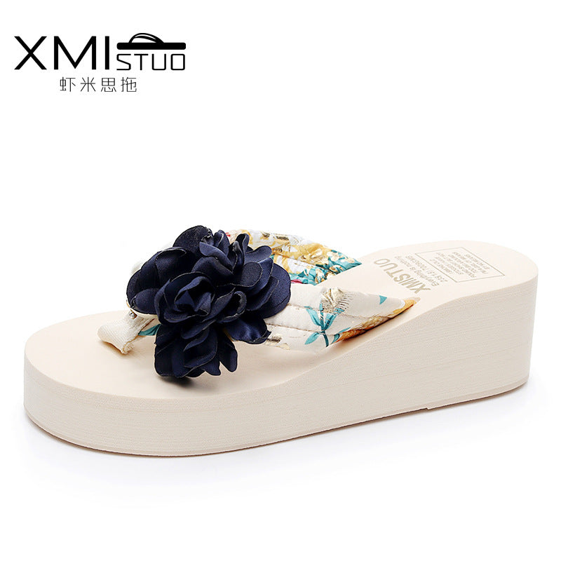 Cross-Border Beach Slippers for Women Summer Outer Wear Thick-Soled High-Heeled Sandals for Women Seaside Flower Wedge Flip-Flops Breathable