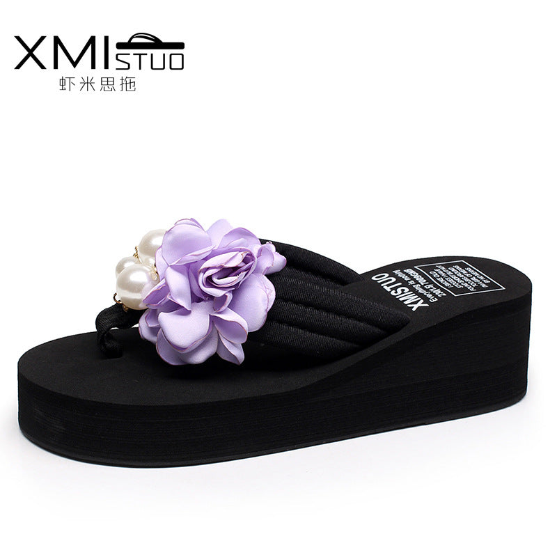 Cross-Border Beach Slippers for Women Summer Outer Wear Thick-Soled High-Heeled Sandals for Women Seaside Flower Wedge Flip-Flops Breathable