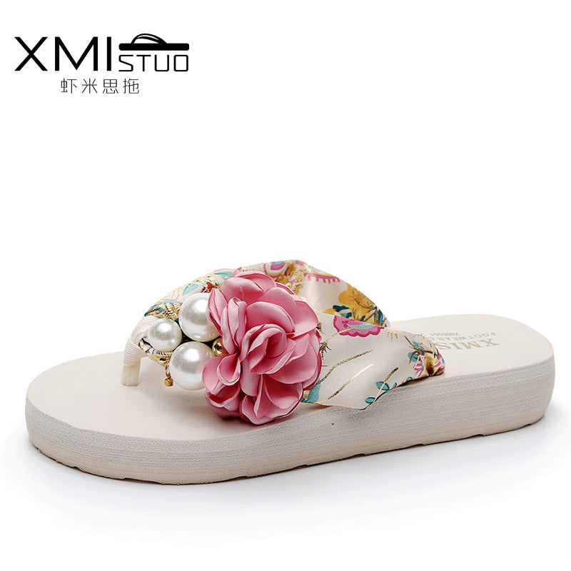 Cross-Border Beach Slippers for Women Summer Outer Wear Thick-Soled High-Heeled Sandals for Women Seaside Flower Wedge Flip-Flops Breathable