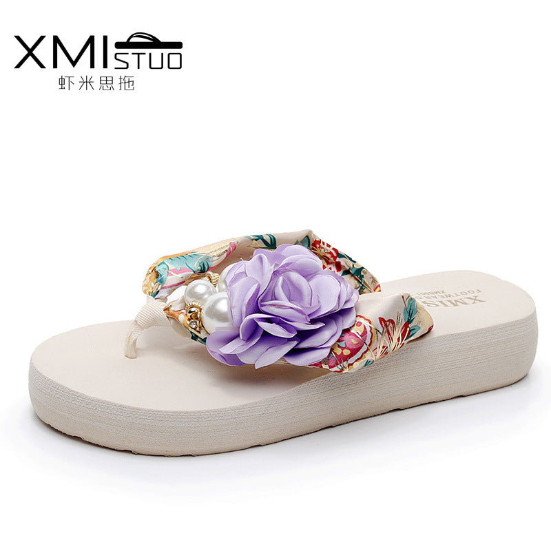 Cross-Border Beach Slippers for Women Summer Outer Wear Thick-Soled High-Heeled Sandals for Women Seaside Flower Wedge Flip-Flops Breathable