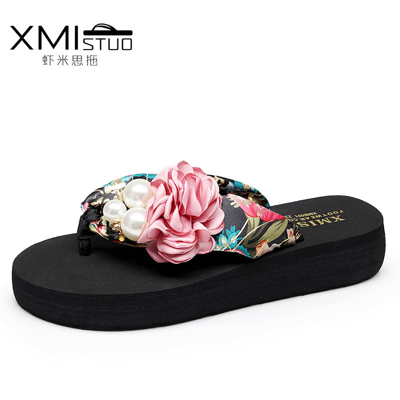 Cross-Border Beach Slippers for Women Summer Outer Wear Thick-Soled High-Heeled Sandals for Women Seaside Flower Wedge Flip-Flops Breathable
