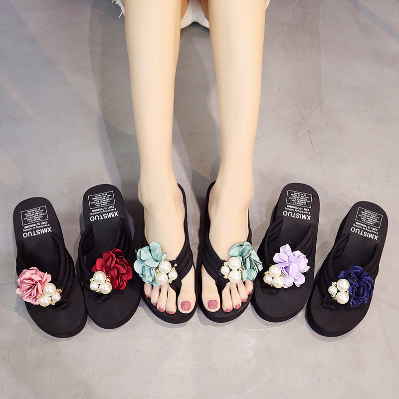 Cross-Border Beach Slippers for Women Summer Outer Wear Thick-Soled High-Heeled Sandals for Women Seaside Flower Wedge Flip-Flops Breathable