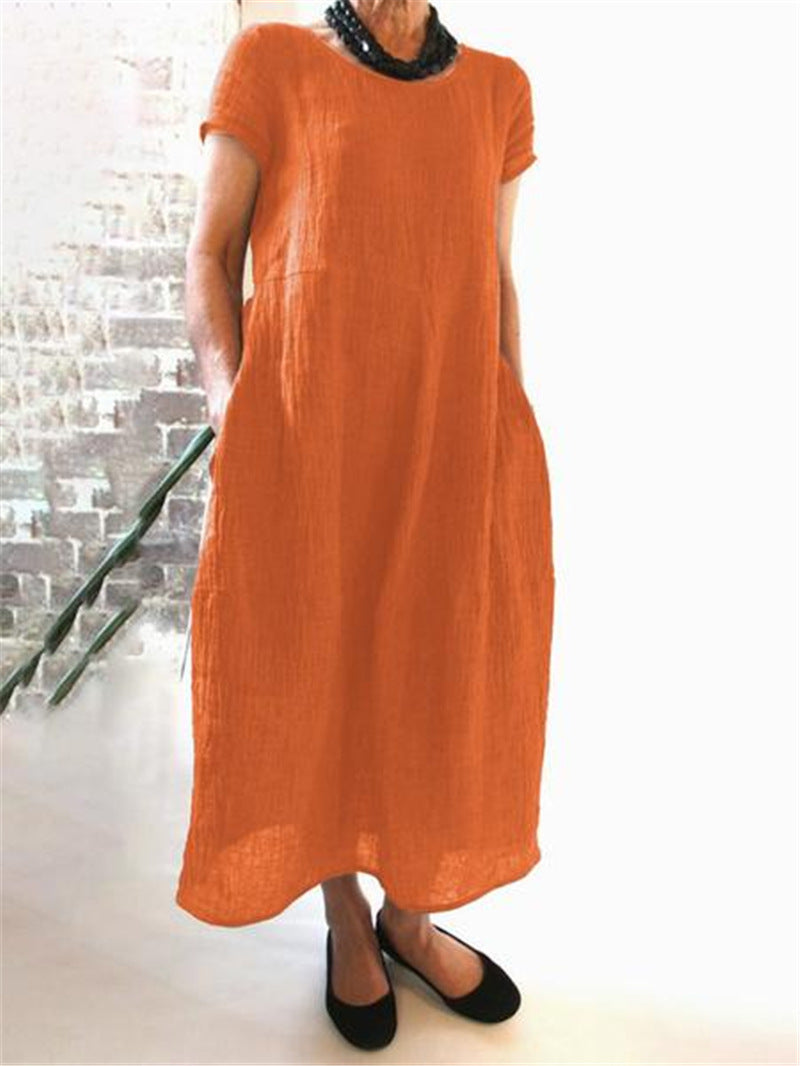cross-border European and American dress new Chinese style loose solid color large size cotton and linen dress