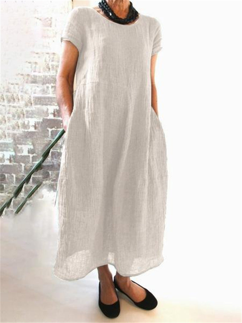 cross-border European and American dress new Chinese style loose solid color large size cotton and linen dress