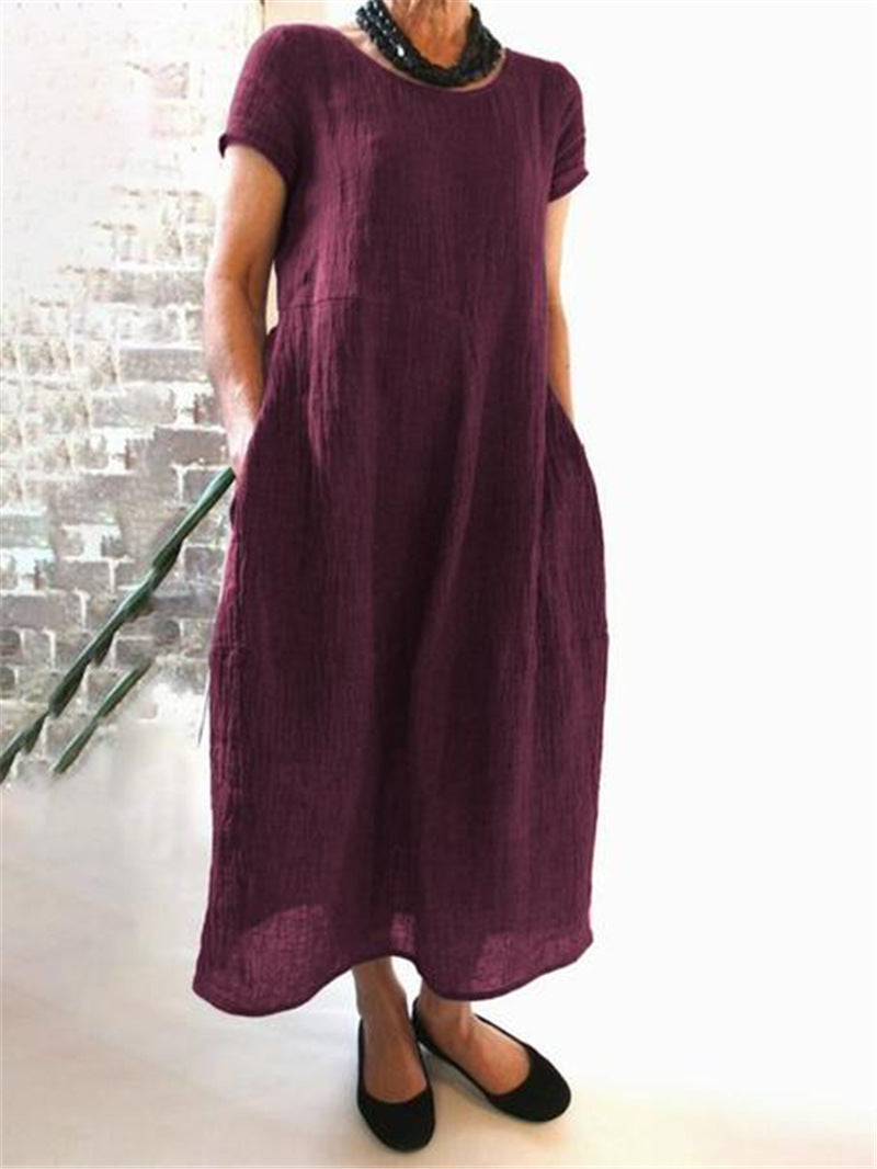 cross-border European and American dress new Chinese style loose solid color large size cotton and linen dress