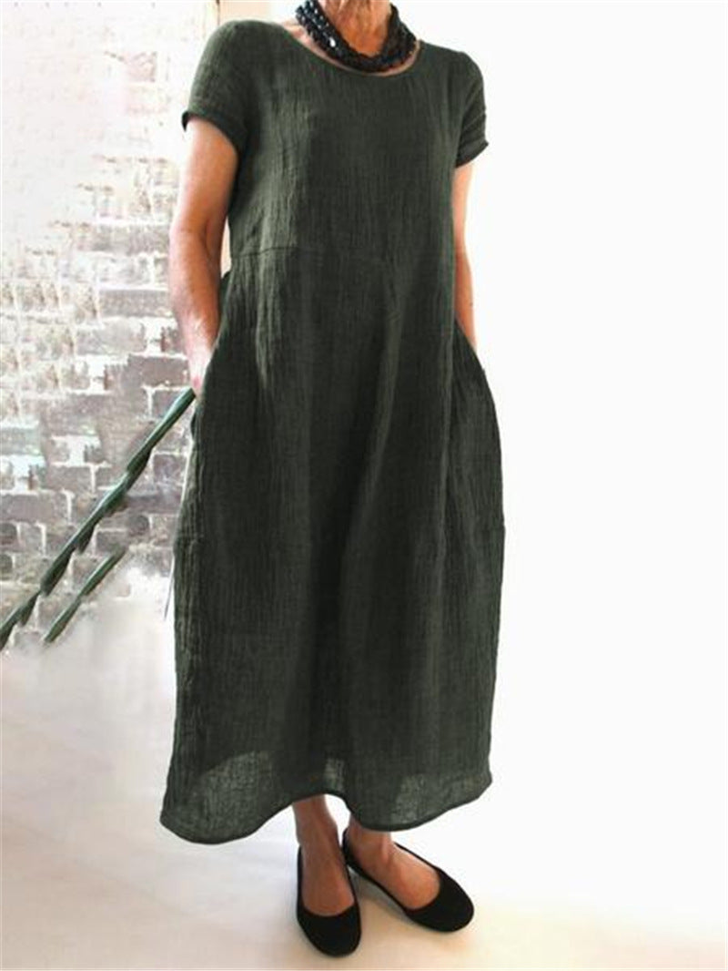 cross-border European and American dress new Chinese style loose solid color large size cotton and linen dress