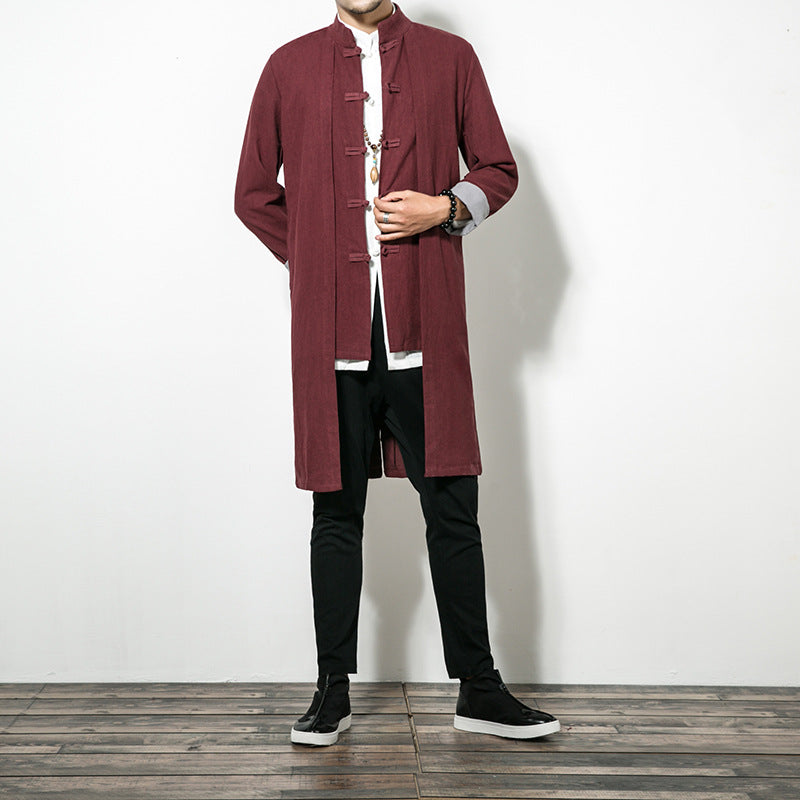 Autumn Chinese style casual mid-length trench coat men's retro Chinese Hanfu plus size fake two-piece cotton linen cloak coat