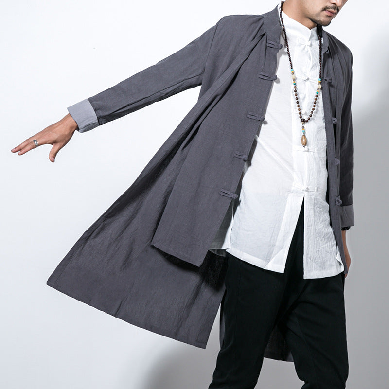Autumn Chinese style casual mid-length trench coat men's retro Chinese Hanfu plus size fake two-piece cotton linen cloak coat
