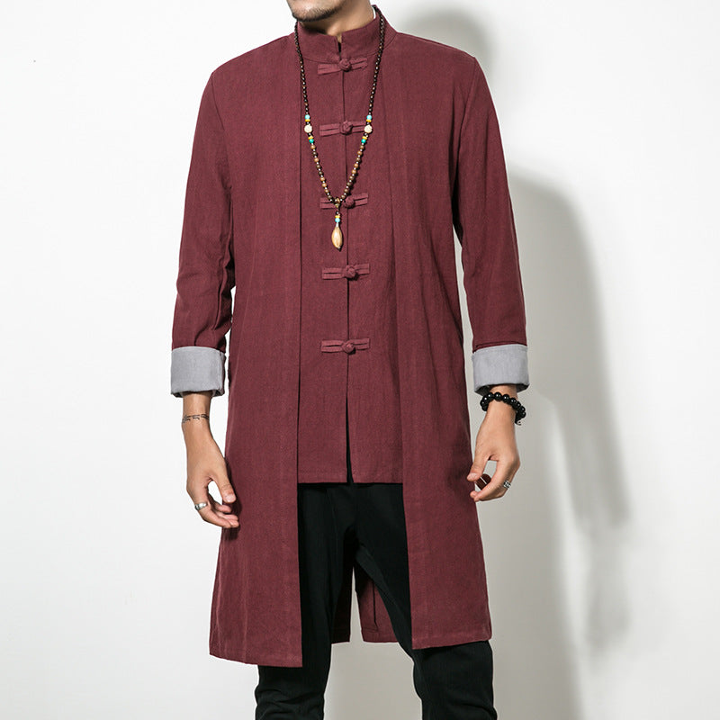 Autumn Chinese style casual mid-length trench coat men's retro Chinese Hanfu plus size fake two-piece cotton linen cloak coat