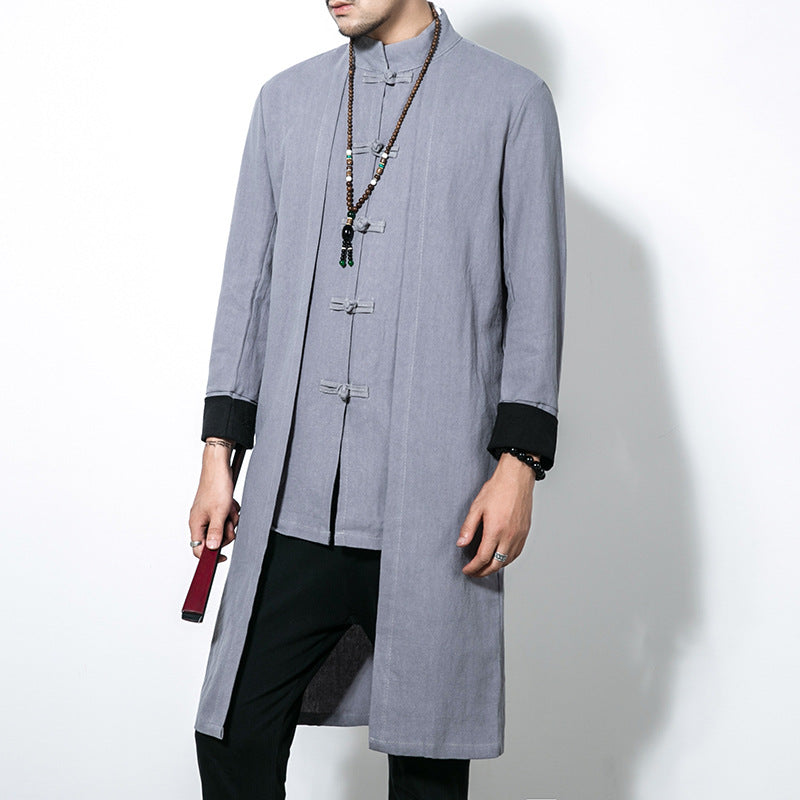 Autumn Chinese style casual mid-length trench coat men's retro Chinese Hanfu plus size fake two-piece cotton linen cloak coat