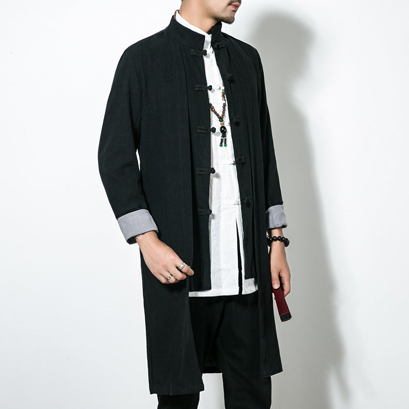 Autumn Chinese style casual mid-length trench coat men's retro Chinese Hanfu plus size fake two-piece cotton linen cloak coat