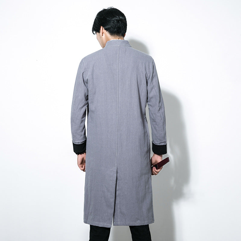Autumn Chinese style casual mid-length trench coat men's retro Chinese Hanfu plus size fake two-piece cotton linen cloak coat