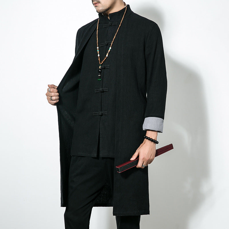 Autumn Chinese style casual mid-length trench coat men's retro Chinese Hanfu plus size fake two-piece cotton linen cloak coat