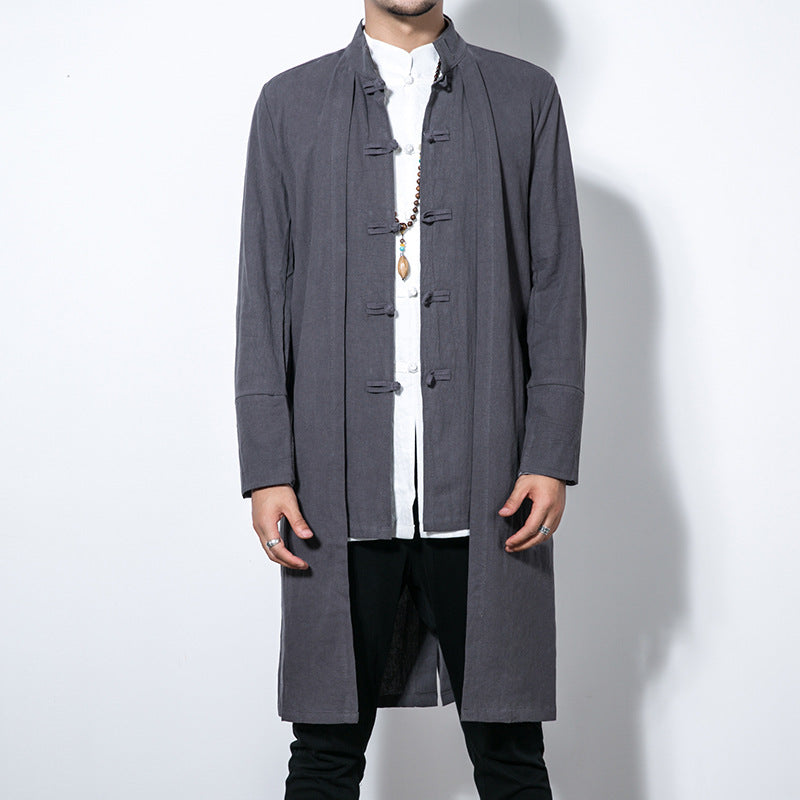 Autumn Chinese style casual mid-length trench coat men's retro Chinese Hanfu plus size fake two-piece cotton linen cloak coat