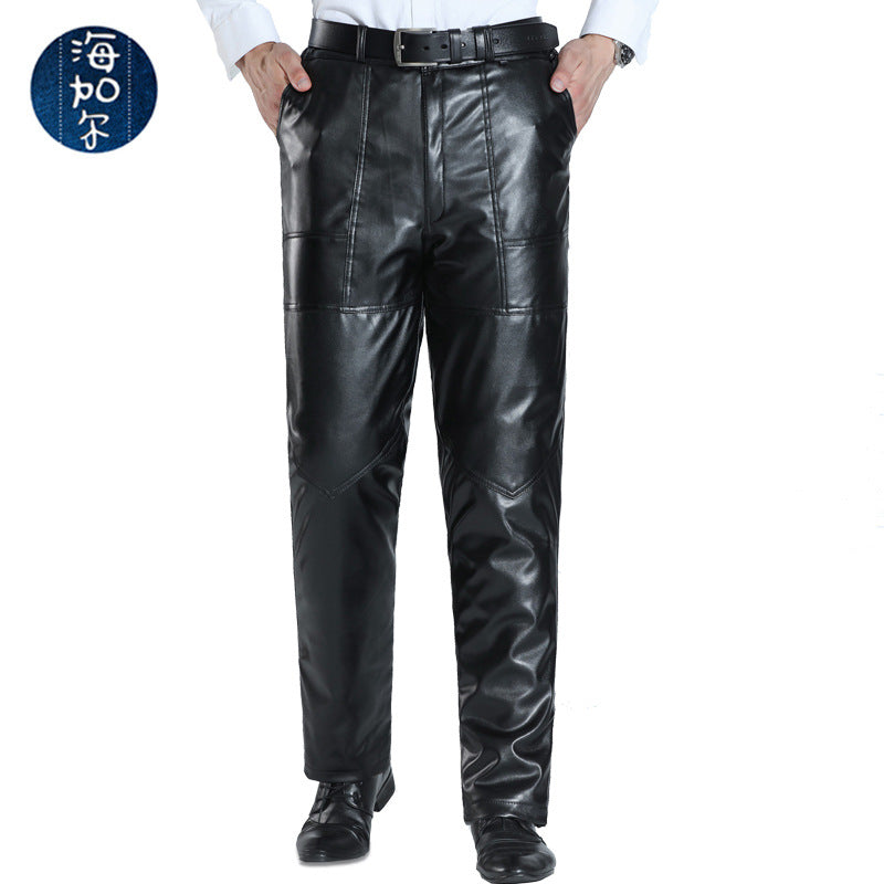 New kneepad waist double thick motorcycle leather pants men's gold velvet pu leather pants plus velvet warm pants wholesale