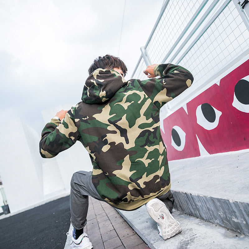Camouflage Hoodie for Men, Pullover with Hood, Couple's Fleece-Lined Top, Loose Fit Jacket, Trendy, One-Piece, Casual Versatile
