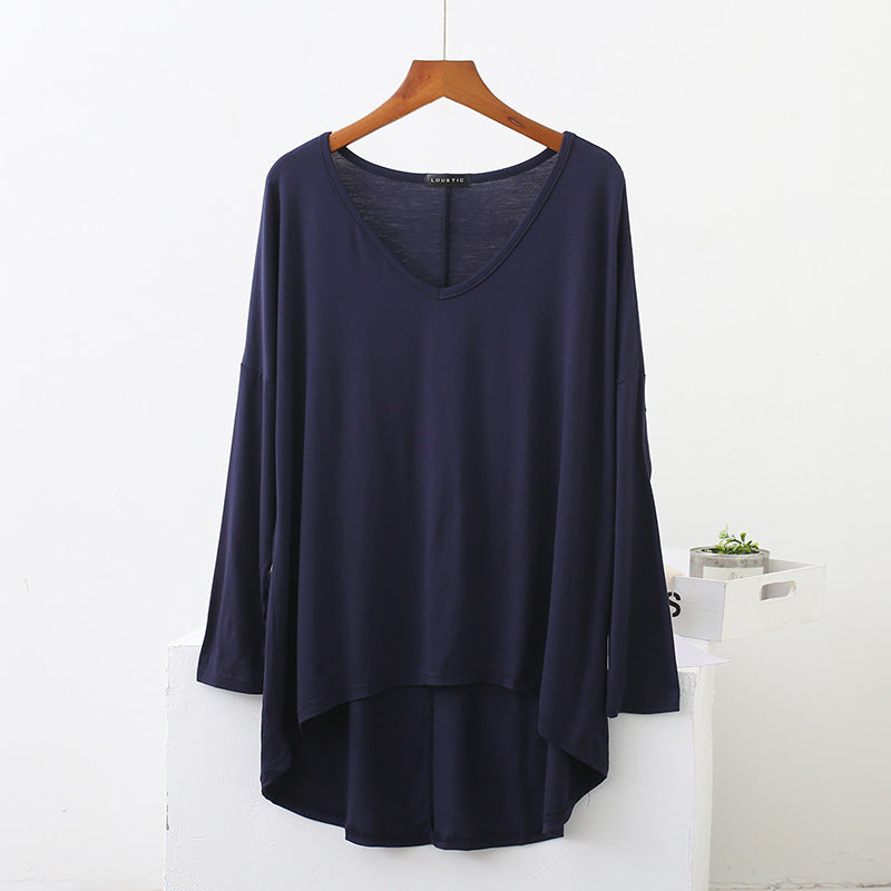Spring New Style Front Short Back Long Large Size Loose Long Sleeve Base Shirt Bat Sleeve V-neck T-shirt Modal Top Women