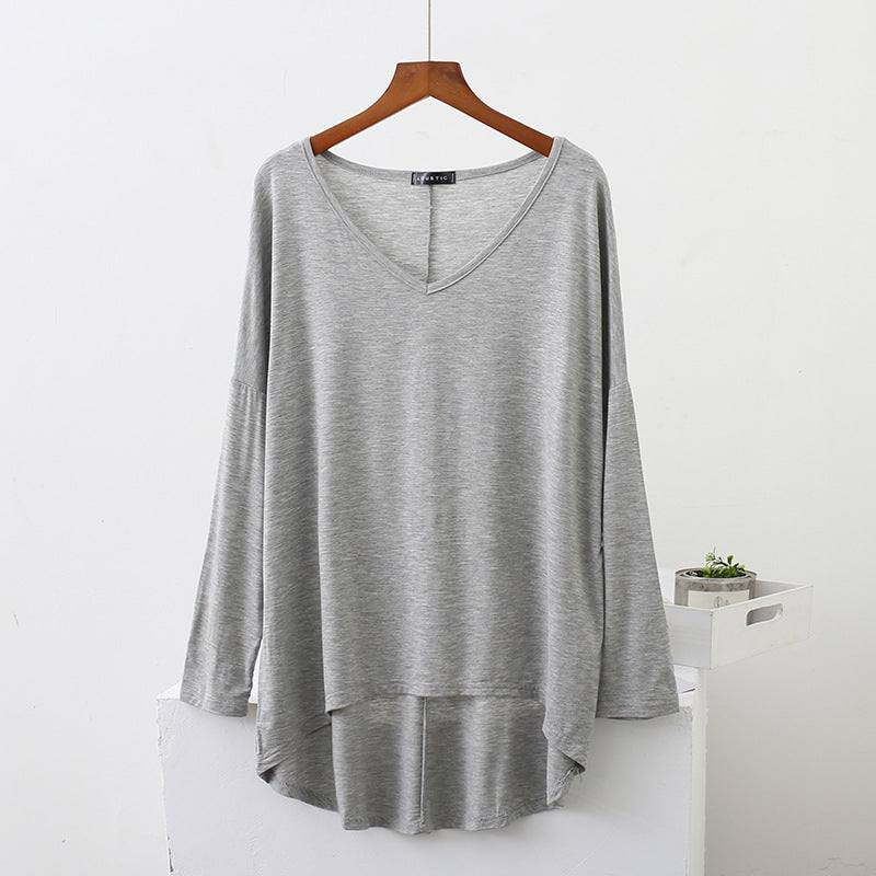 Spring New Style Front Short Back Long Large Size Loose Long Sleeve Base Shirt Bat Sleeve V-neck T-shirt Modal Top Women