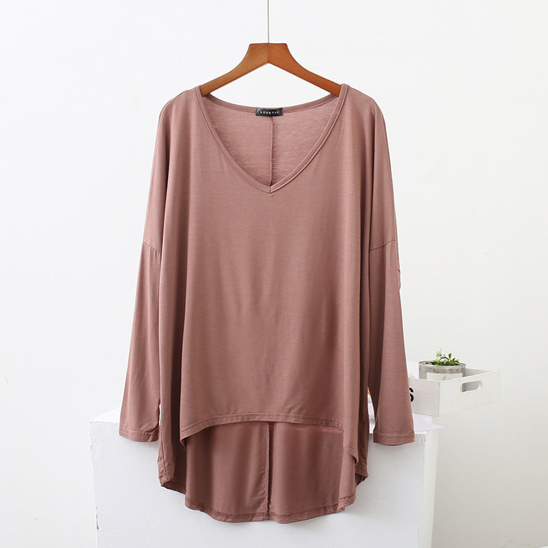 Spring New Style Front Short Back Long Large Size Loose Long Sleeve Base Shirt Bat Sleeve V-neck T-shirt Modal Top Women