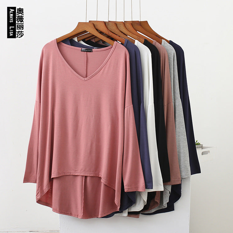 Spring New Style Front Short Back Long Large Size Loose Long Sleeve Base Shirt Bat Sleeve V-neck T-shirt Modal Top Women