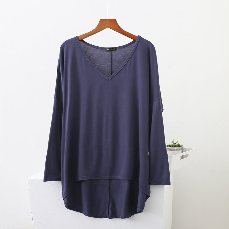 Spring New Style Front Short Back Long Large Size Loose Long Sleeve Base Shirt Bat Sleeve V-neck T-shirt Modal Top Women