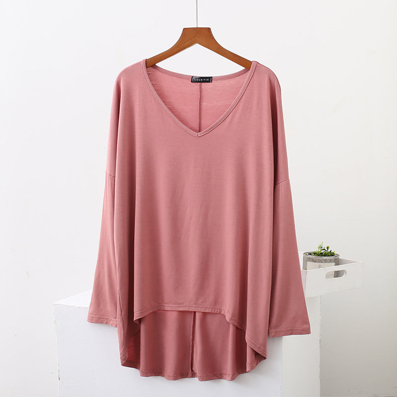 Spring New Style Front Short Back Long Large Size Loose Long Sleeve Base Shirt Bat Sleeve V-neck T-shirt Modal Top Women