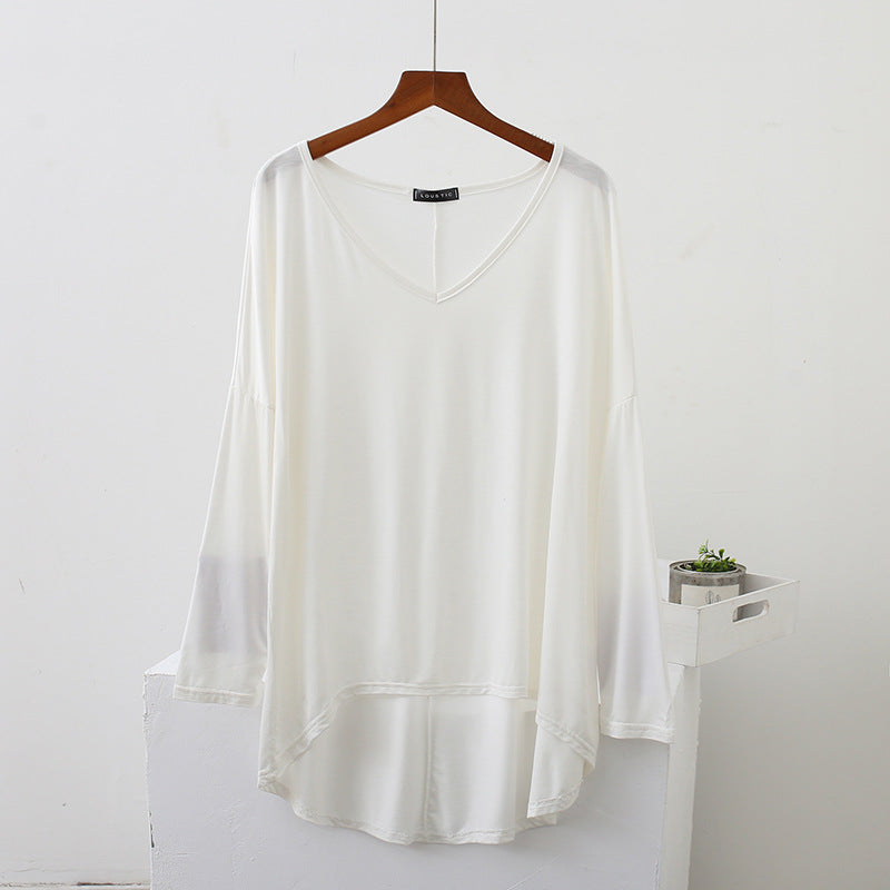 Spring New Style Front Short Back Long Large Size Loose Long Sleeve Base Shirt Bat Sleeve V-neck T-shirt Modal Top Women