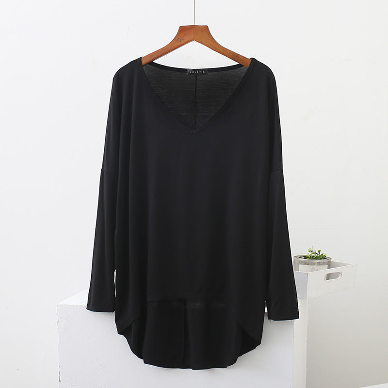 Spring New Style Front Short Back Long Large Size Loose Long Sleeve Base Shirt Bat Sleeve V-neck T-shirt Modal Top Women