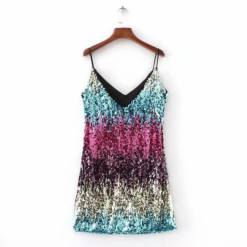 Summer Cross-border European and American Women's Clothing New Wish dress Sleeveless Sexy Short Skirt Sequin V-Neck Strap Short Skirt
