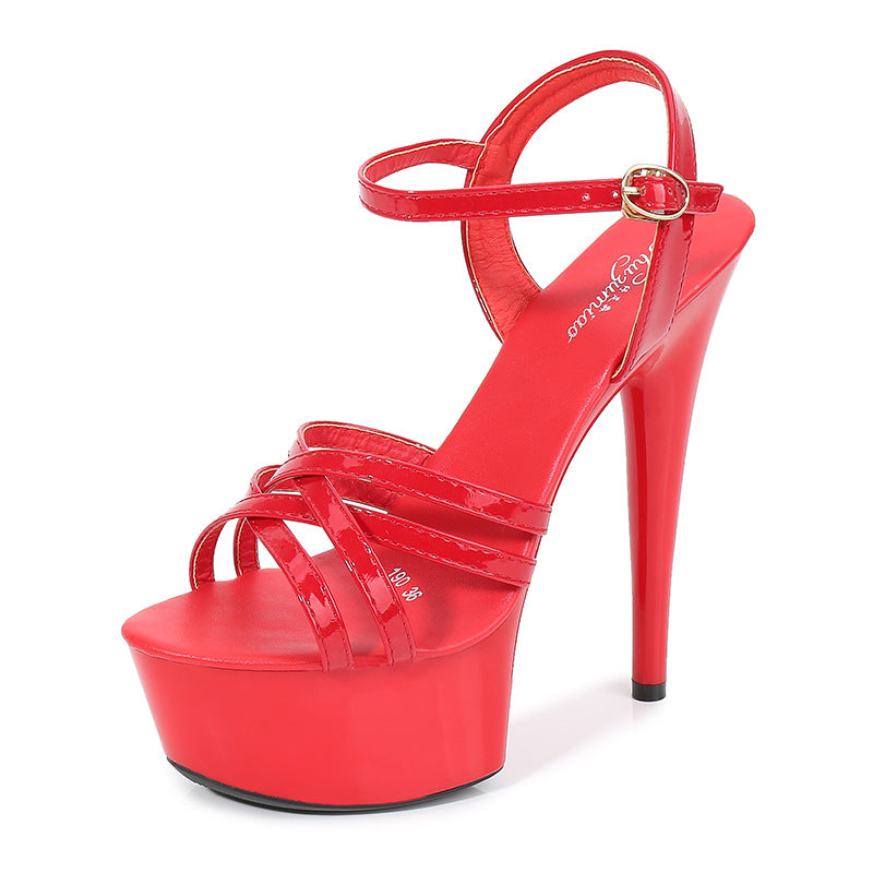 Show Artifact Model High Heels Stiletto Heel Sexy Black Platform 15cm Hate Sky Tall Super High Heel Sandals for Summer